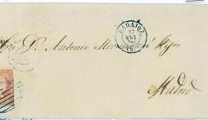 P0109 - SPAIN - Postal History - Edifil # 48 on cover parrilla azul BADAJOZ 1858