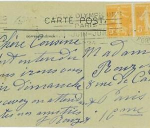 BK1918 - FRANCE - POSTAL HISTORY - 1924 Olympic Games  POSTMARK on POSTCARD