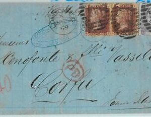 BK0805 - GB - POSTAL HISTORY SG# 43 Plate 113 *2 + 107 on COVER to CORFU 1869
