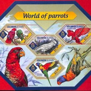 A4879 - ISLAS SALOMON - ERROR MISPERF, Miniatura hoja: 2014, Loros, Aves