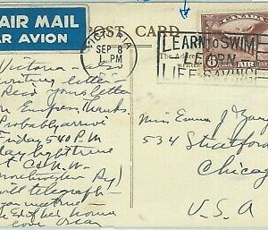 67708 - CANADA  - POSTAL HISTORY - postmark on POSTCARD : SWIMMING Life Saving