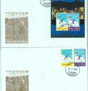83817 - UGANDA - 2 FDC Brief 2002 OLYMPISCHE Winterspiele Nordisch + Skispringen