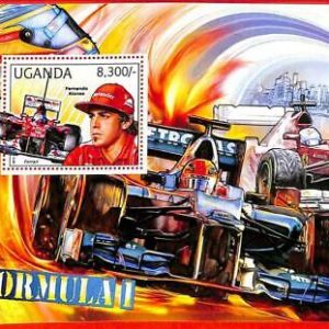 A3160- UGANDA, ERROR MISSPERF Hoja recuerdo: 2012 Fórmula 1, Ferrari, F. Alonso