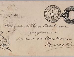 39483 - BRAZIL -  POSTAL HISTORY - POSTAL STATIONERY COVER to BELGIUM - 1893
