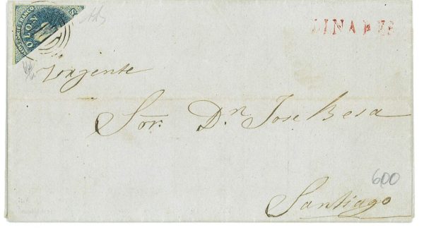 P2859 - CHILE YVERT 6 BLUE (SHADES) DIAGONAL CUT ON LETTER,