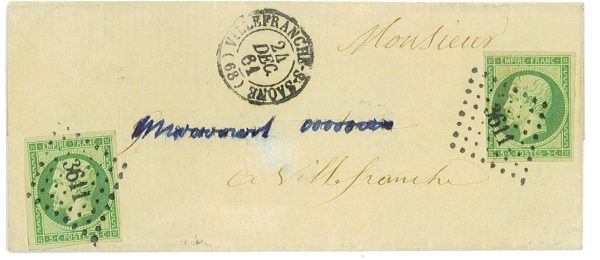 P2865 - FRANCE YVERT 12 A VERT JAUNE, 2 STAMPS ON FOLDED LETTER, LOCAL USE 1861