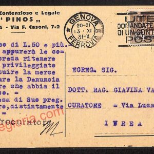 ag0755 - CARTOLINA D'EPOCA - Genova Città- Ufficio Contenzioso e Legale  'PINOS'