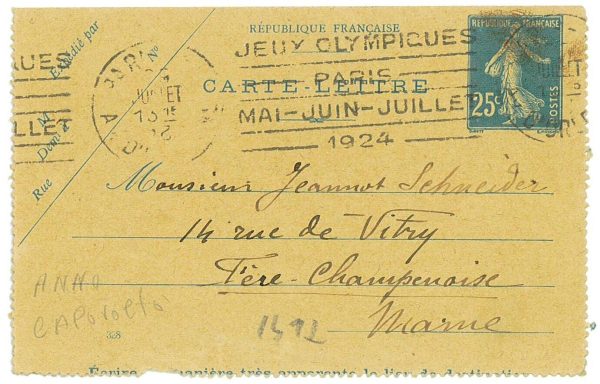 P3511 -OLYMPIC GAMES PARIS 1924.   29.7.24, (24 UPSIDE DOWN!!) 25CT. LETTER CARD