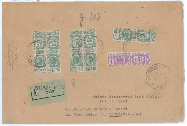P2487 - ITALIA RSI 8.1.1945 LETTERA RACCOMANDATA AFFRANCATA CON PACCHI POSTALI