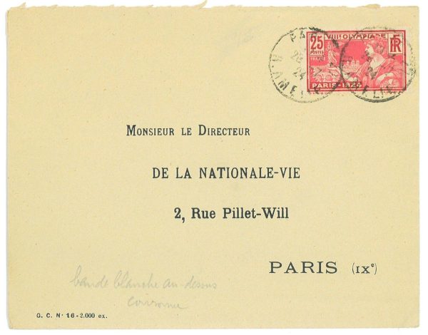 P3514 - OLYMPIC PARIS 1924  28.7.24 DAY AFTER END OF GAMES, SINGLE USE. 25 CENT.