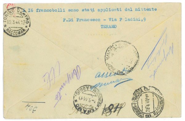 P2512 - ITALIA RSI TERAMO, SERIE COMPLETA 1/16 SU BUSTA 8.3.1944 RACCOMANDATA. - immagine 2
