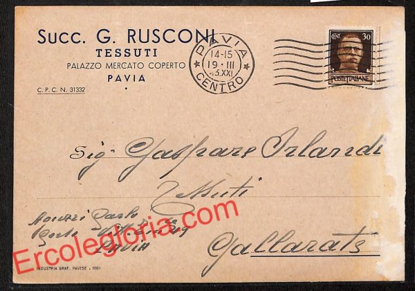 ah5958 - STORIA POSTALE - Pavia Città - Succ. G. Rusconi