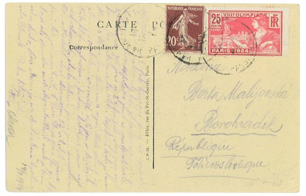 P3515 - OLYMPIC GAMES PARIS 1924 ,  14.7.24 MIXED FRANKING TO CZECOSLOVAKIA,