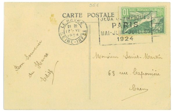 P3516 -OLYMPIC GAMES PARIS 1924,  17.6.24, LE HAVRE SLOGAN CANCEL (RARE) 10 CENT