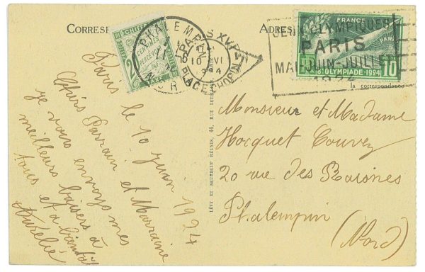 P3517 -OLYMPIC GAMES PARIS 1924 , 10.6.24 , SLOGAN CANCEL PLACE CHOPIN