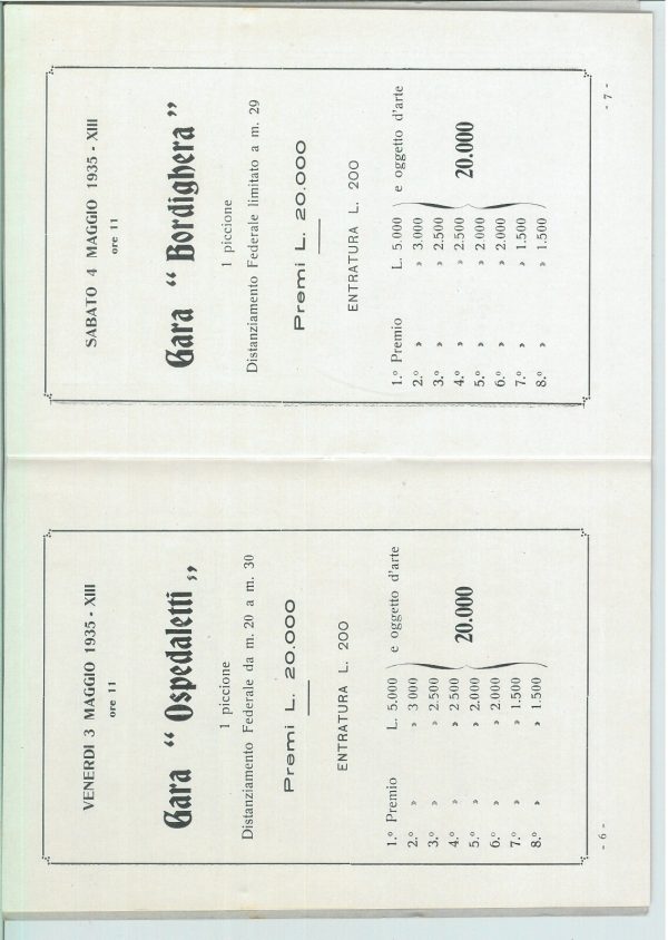 SAN REMO 1935: PROGRAMMA C.O.N.I. TIRO VOLO / PICCIONE - immagine 3