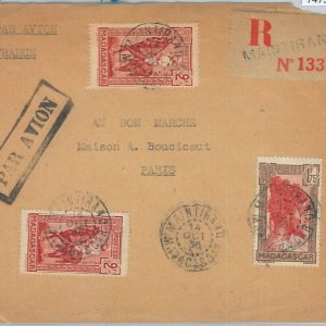 74736 - MADAGASCAR - POSTAL HISTORY - REGISTERED COVER Maintirano to FRANCE 1936