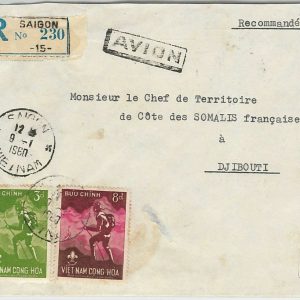 45336 - VIETNAM - POSTAL HISTORY - REGISTERED COVER to DJIBOUTI!! 1960 BOY SCOUT