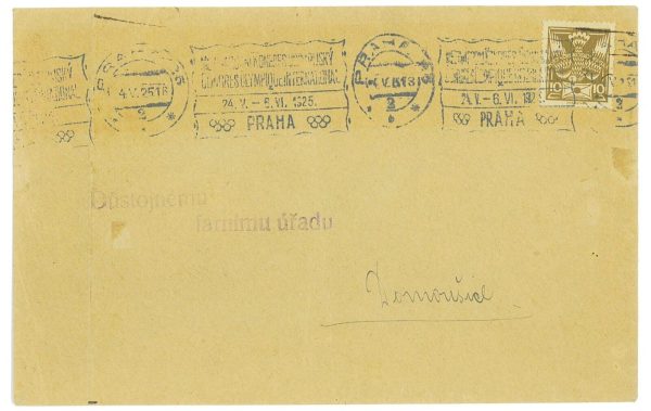 P3524 - CZECHOSLOVAKIA  4.5.25 OLYMPIC CONGRESS  ,  SCARCE MACHINE CANCELLATION