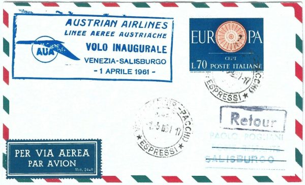 70949 - ITALY - Postal History - FIRST FLIGHT:  Venice / Salzburg - Pell. 417AA
