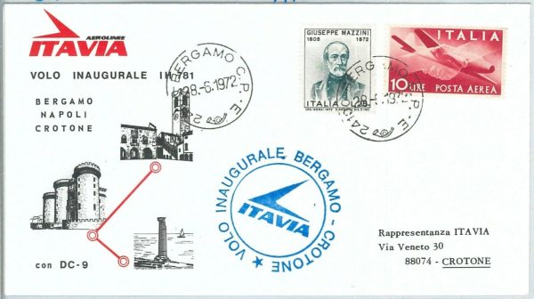 70945 - ITALY - Postal History - FIRST FLIGHT: Bergamo / Crotone  Pelleg. 865 HA