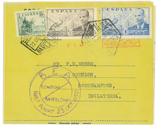 P3719 - AIRMAIL ,SPAIN, IST FLIGHT BY BEA TO LONDON 22.10.1950 BARCELONA LONDON
