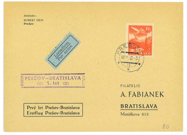 P3732 - AIRMAIL ,  18.5.1943 SLOVAKIA, FIRST FLIGHT PRESOV-BRATISLAVA