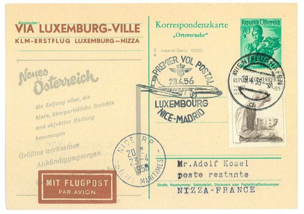 P3735 - 23.4.56, FIRST FLIGHT LUXEMBURG-NICE-MADRID, AUSTRIAN DISPATCH.