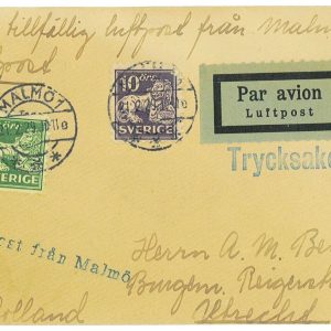 P3736 - AIRMAIL , SWEDEN. 21,.2,1929, MALMÖ, UTRECHT NETHERLANDS