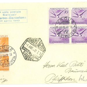 P3739 - AIRMAIL , 1.4.1940 1ST. FLIGHT LOCARNO BARCELONA LIECHTENSTEIN DISPATCH