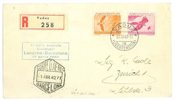 P3740 - AIRMAIL , 1.4.1940 1ST. FLIGHT LOCARNO BARCELONA LIECHTENSTEIN DISPATCH