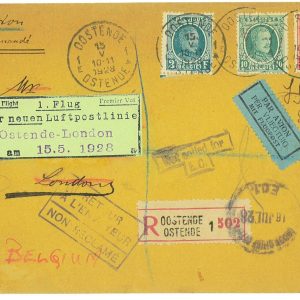 P3577 - AIRMAIL , BELGIUM, OSTENDE 10.11.1928 TO LONDON 3 COLOR FRANKING.
