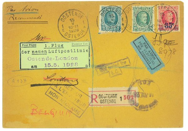 P3577 - AIRMAIL , BELGIUM, OSTENDE 10.11.1928 TO LONDON 3 COLOR FRANKING.