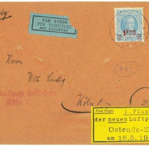 P3587 - AIRMAIL BELGIUM 15.5.1928, OSTENDE-KÖLN, 2 LINE RED ARRIVAL CANCEL KÖLN.