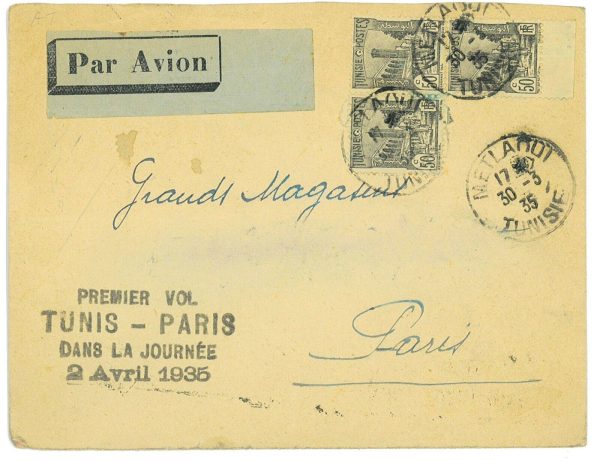 P3602 - AIRMAIL , TUNIS 2.4.1935, TUNIS- PARIS, FLIGHT SPECIAL MARK, IN BLACK.