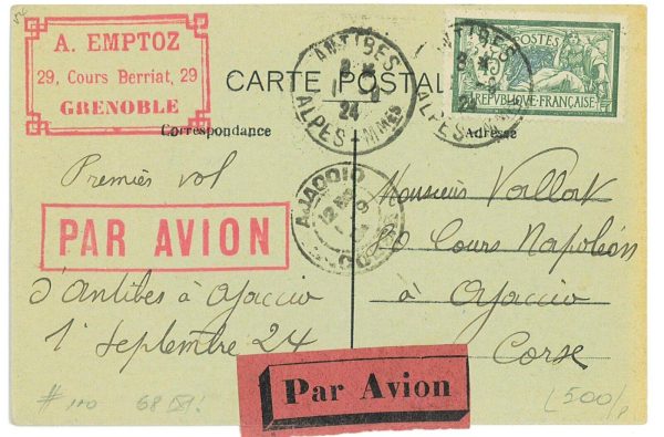 P3608 - AIRMAIL , FRANCE  1.9.1924, ANTIBES AJACCIO MÜLLER 110, 68 PIECES FLOWN