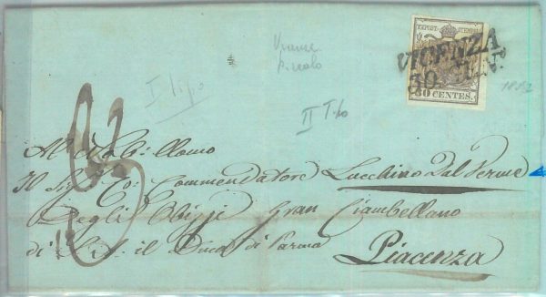 83480 - Antichi Stati LOMBARDO VENETO - Sass 7 su Busta da VICENZA a PIACENZA