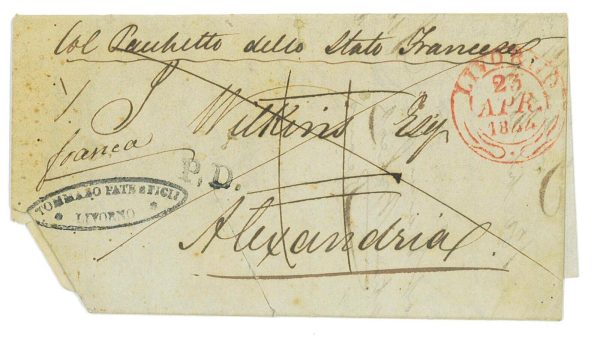P3180 - ITALIA  , LETTERA DA LIVORNO 1844 PER ALESSANDRIA D’EGITTO DISINFETTATTA