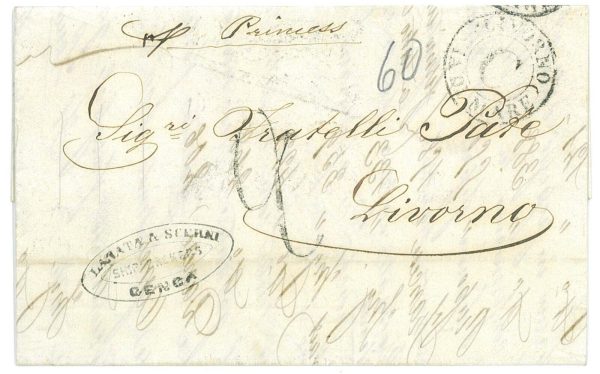 P3182 - ITALIA , DA GENOVA A LIVORNO, “LIVORNO VIA DI MARE C” IN ARRIVO 1861,