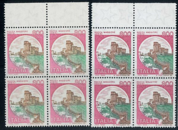 P3876 A - ITALIA REPUBBLICA , SERIE CASTELLI LIRE 800 ,2 QUARTINE COLORI DIVERSI