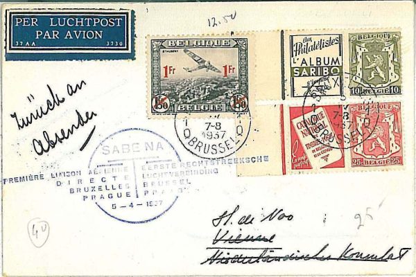 x389 - BELGIUM - POSTAL HISTORY - 1st FLIGHT COVER to PRAGUE 1937 Mu #211 Dogs