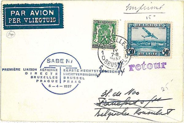 x381 - BELGIUM - POSTAL HISTORY - 1st FLIGHT COVER to  PRAGUE  Mu #211