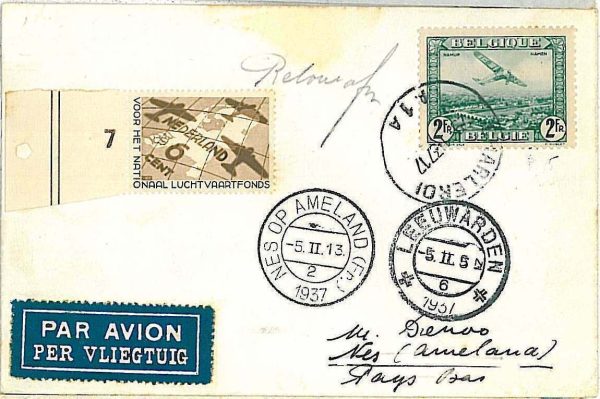 x378 - BELGIUM - POSTAL HISTORY - 1st FLIGHT COVER CHARLEROI - NES AMELAND 1937