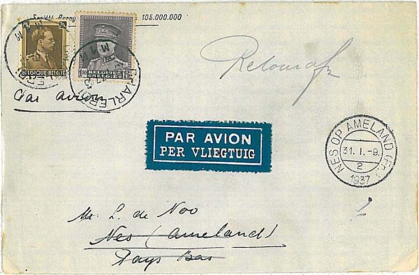 x0374 - BELGIUM - POSTAL HISTORY - 1st FLIGHT COVER CHARLEROI - NES AMELAND 1937