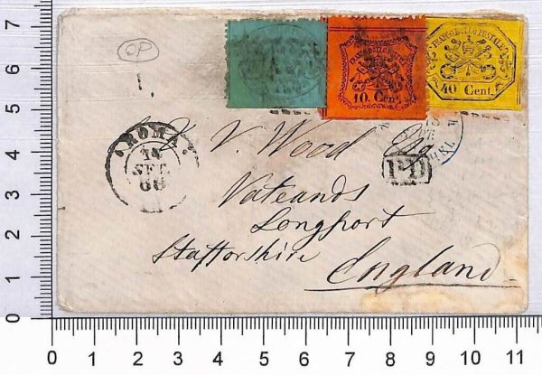 P0803 - PONTIFICIO - Storia Postale -  TRICOLORE su busta per LONDRA  1868