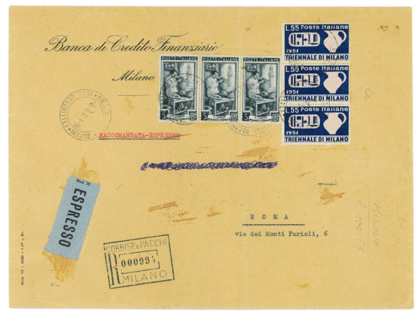 P2625 - ITALIA , L 55 TRIENNALE DI MILANO STRISCIA DI 3, PIU` LAVORO