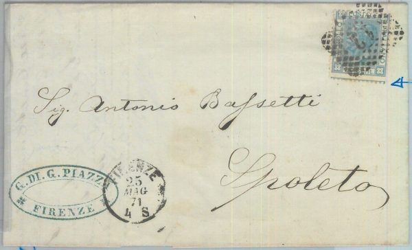 82442  - REGNO - STORIA POSTALE: Sass 28 Varietà su BUSTA  da FIRENZE 1871