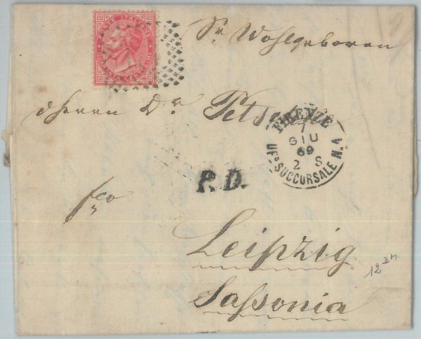 82443  - REGNO - STORIA POSTALE: Sass L20 su BUSTA da FIRENZE a SASSONIA!! 1869