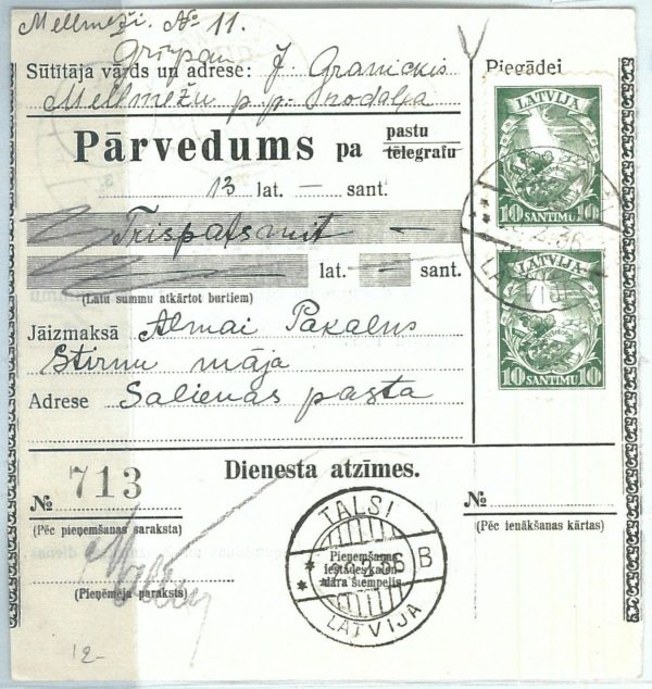 68984 - LATVIA - POSTAL HISTORY -  MONEY ORDER : Talsi  1936