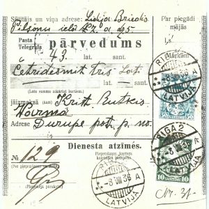 69001 - LATVIA - POSTAL HISTORY -  MONEY ORDER :  Riga 2  1936